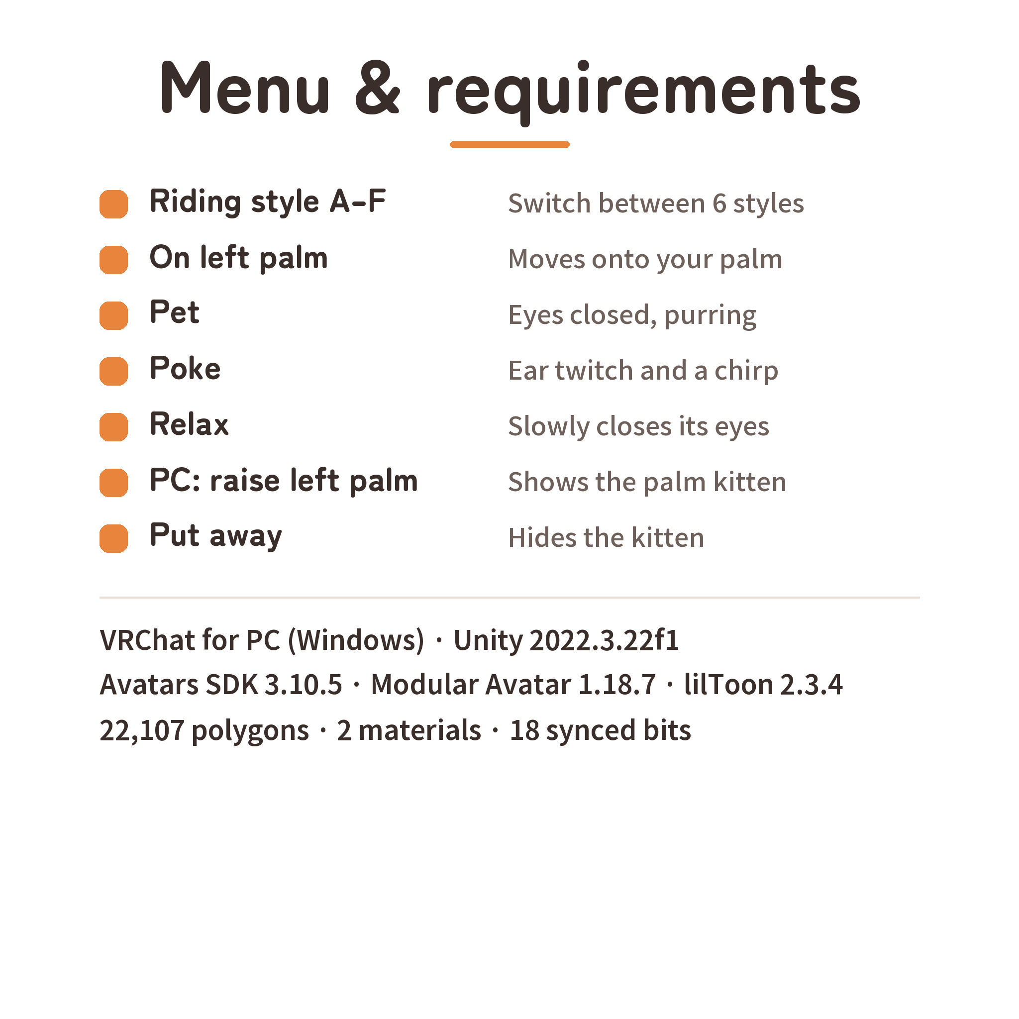 Pettable Shoulder Kitten | 10 Kittens · 6 Riding Styles for VRChat Avatars (Modular Avatar)
