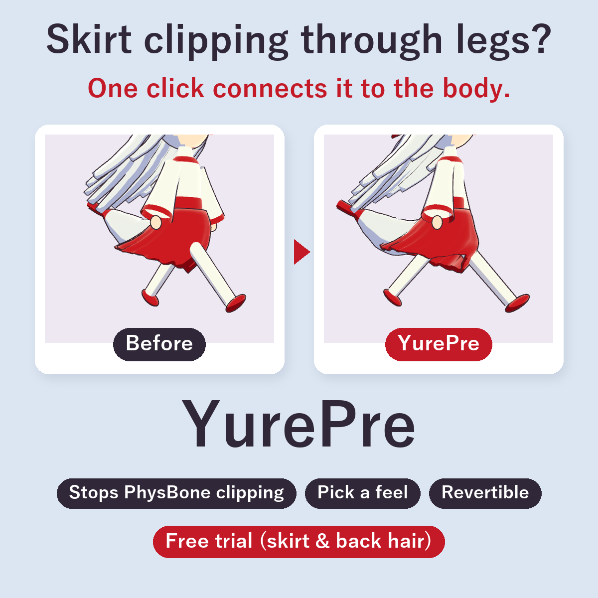 YurePre | Fix Skirt & Hair Clipping and Tune PhysBones by Picking Presets [VRChat Unity Tool, Free Trial]