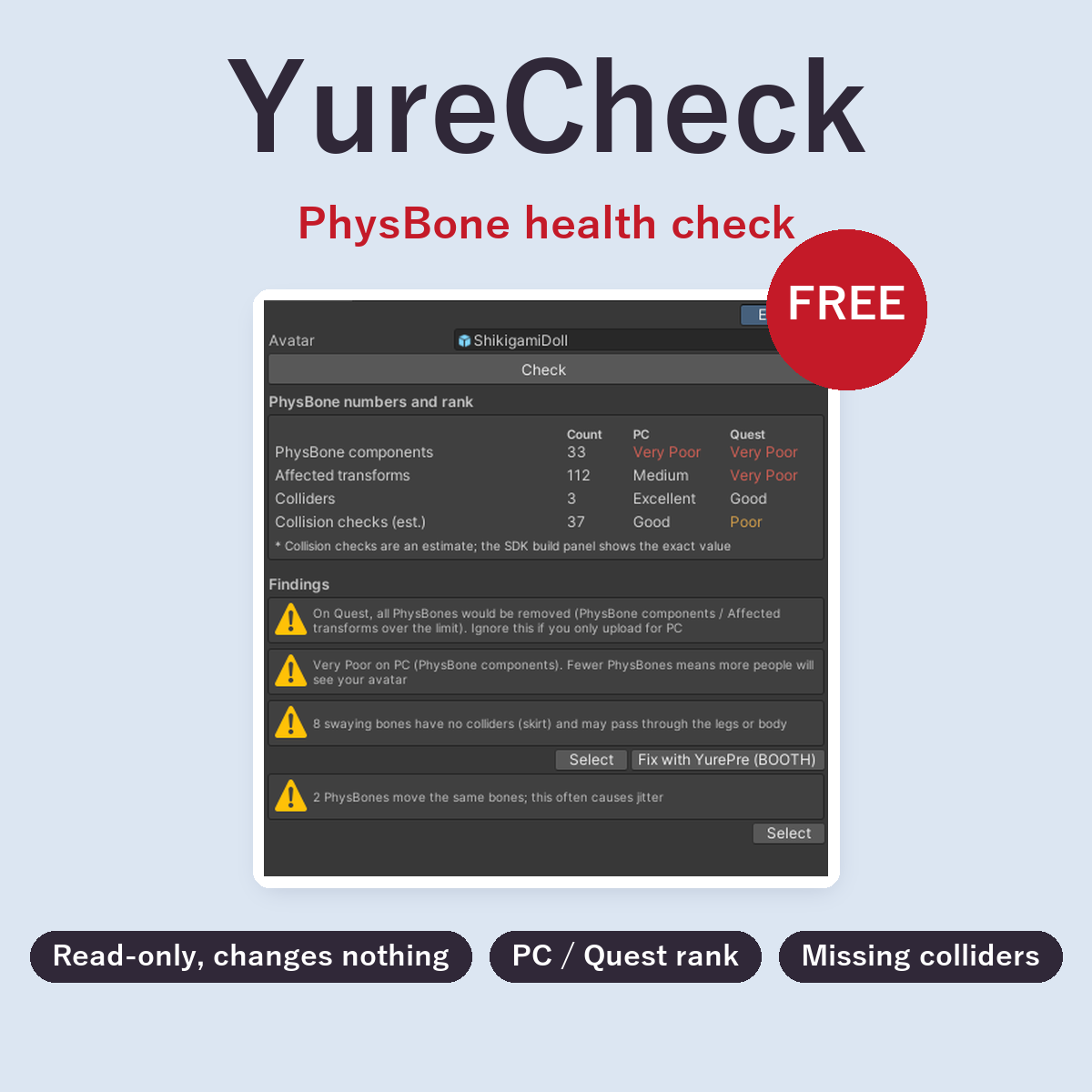 YureCheck | Free PhysBone Health Check - Rank, Quest Limits, Missing Colliders [VRChat Unity Tool]