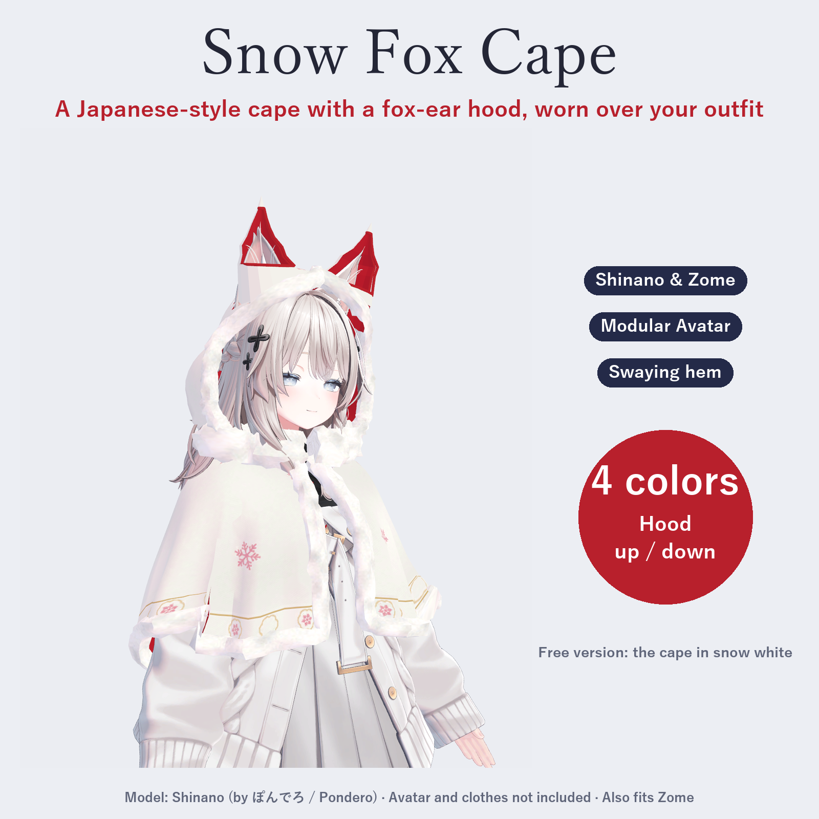 Snow Fox Cape | Fox-Ear Hood, Fluffy Fur, 4 Colors - for Shinano & Zome [VRChat / Modular Avatar]