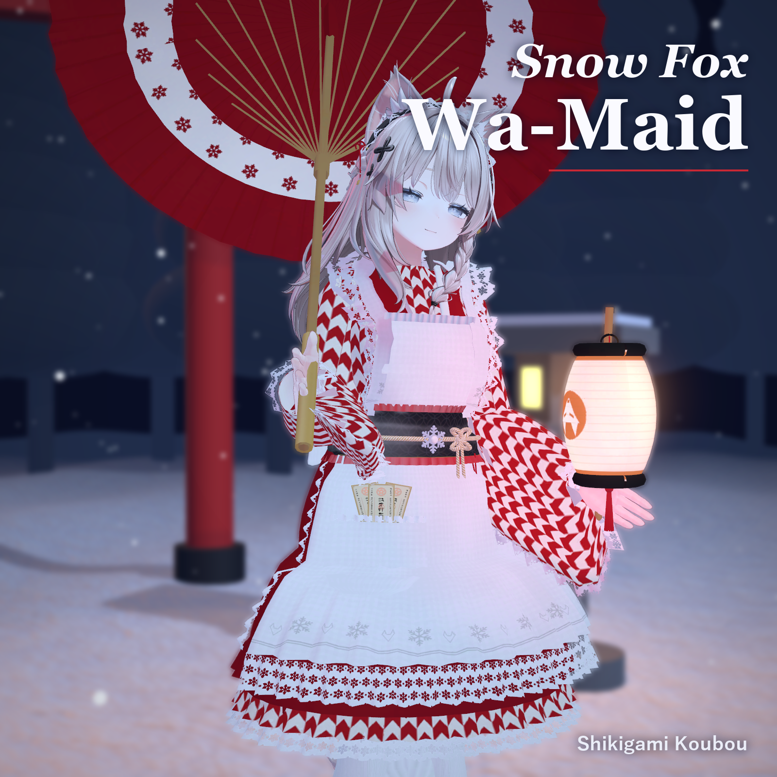 Snow Fox Wa-Maid | Japanese Maid Outfit, Mini & Hakama, Lantern & Umbrella - for Shinano & Zome [VRChat / Modular Avatar]