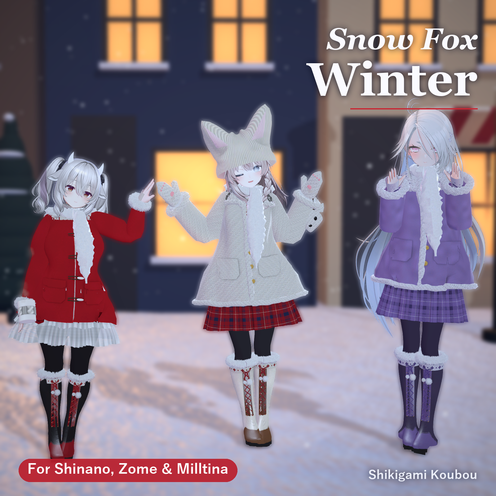 Snow Fox Winter | 3 Coats, 2 Skirts, Cocoa Mug, Fox-Ear Knit Hat, 6 Colors - for Shinano, Zome & Milltina [VRChat / Modular Avatar]