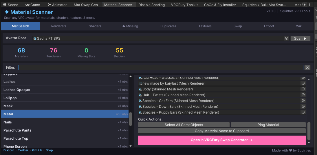 Material Search & Batch Swap Tool + VRCFury Mat Swap Generator