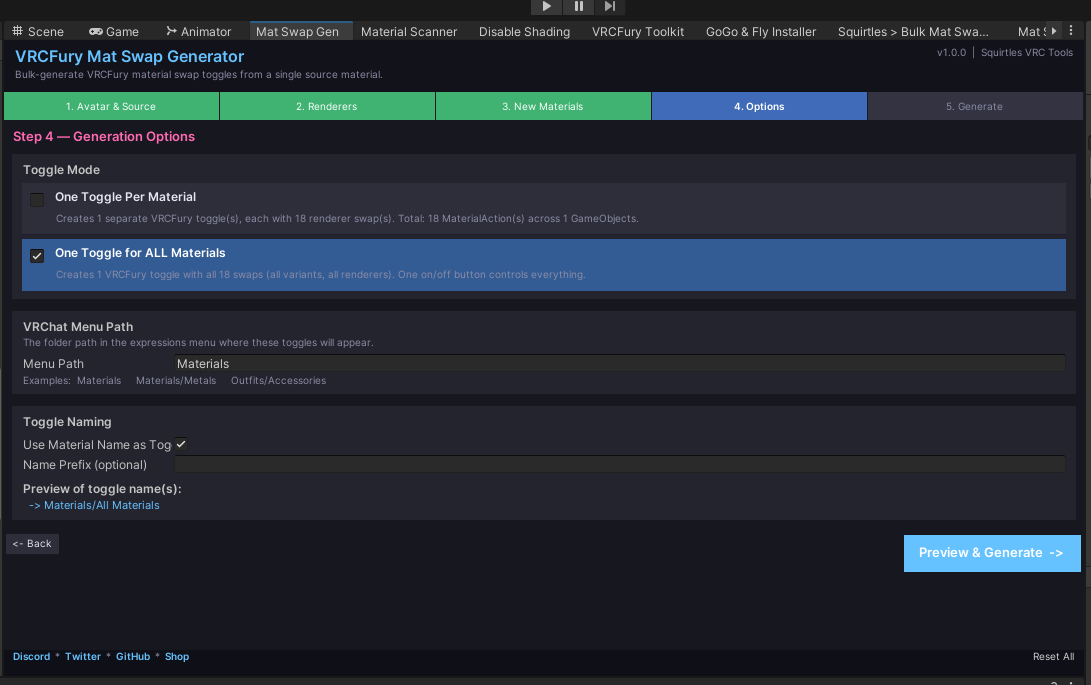 Material Search & Batch Swap Tool + VRCFury Mat Swap Generator