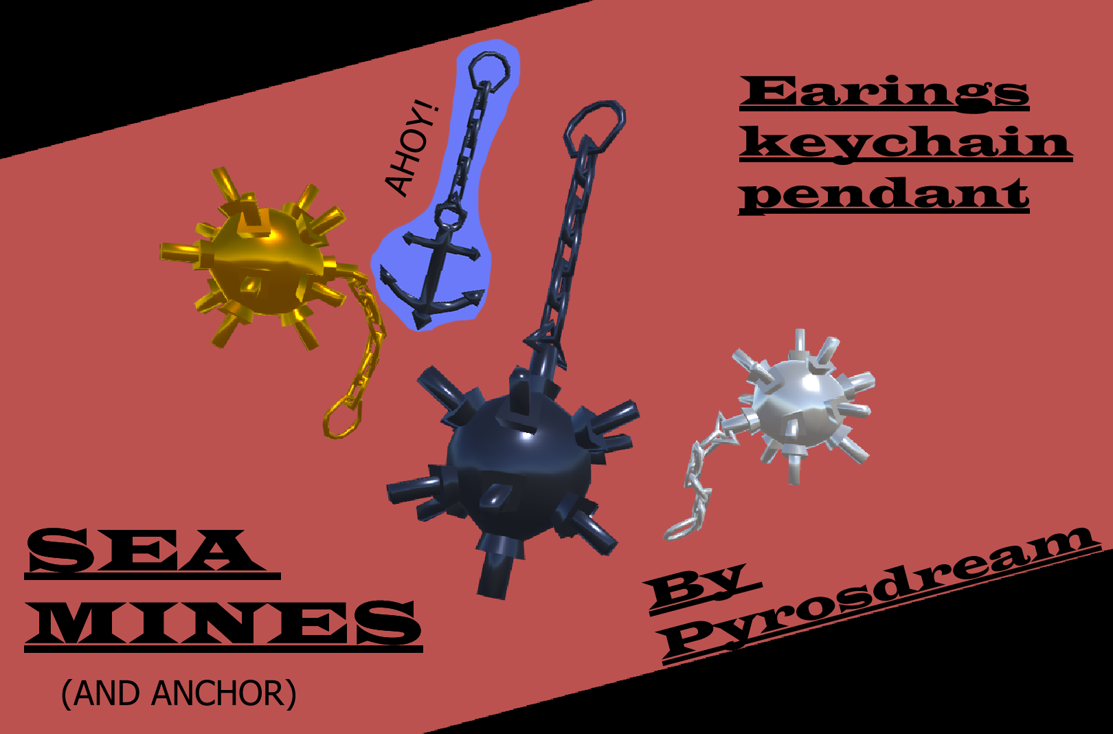 Sea mine (and anchor)  Earrings/pendent/keyring