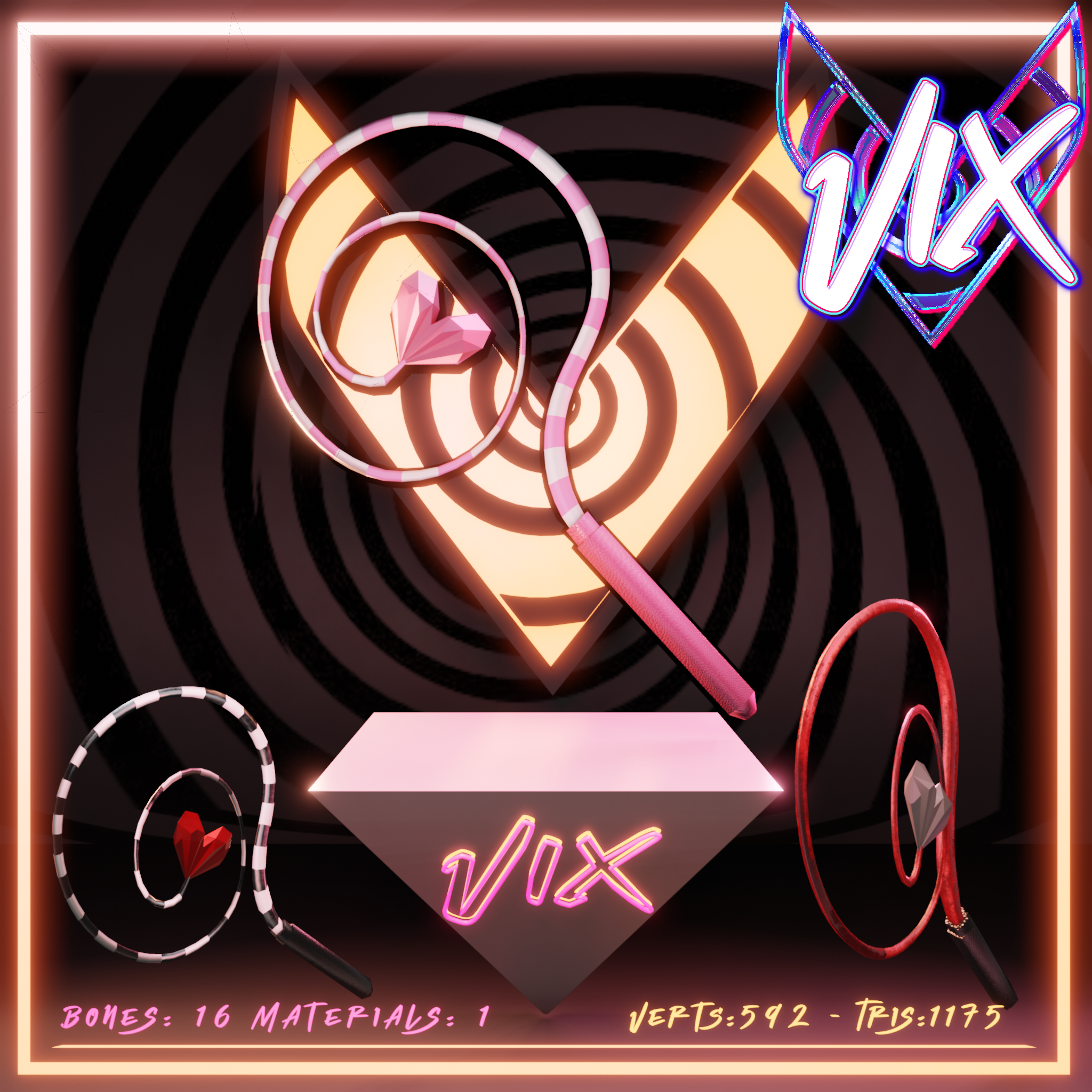 HEART WHIP  CRYSTAL VELVET LATEX STRIPED WHIP for VRChat (UNITY PLUG AND PLAY) LOW POLY ASF