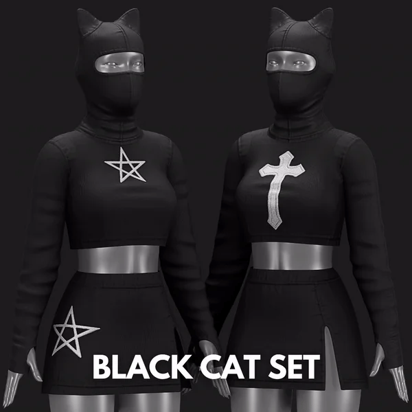 Black Cat Set VRChat - Pentagram-Cross | Beanie-Blouse-Skirt | WOLVES STUDIO