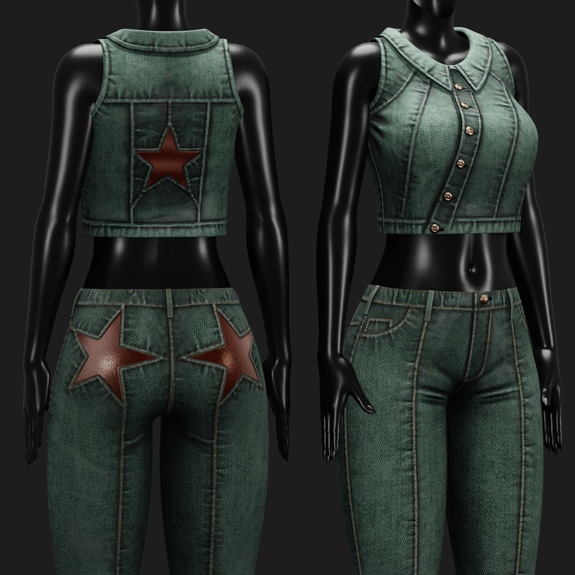 WOMEN'S COWGIRL SET VRChat - Denim Vest + Pants | WOLVES STUDIO
