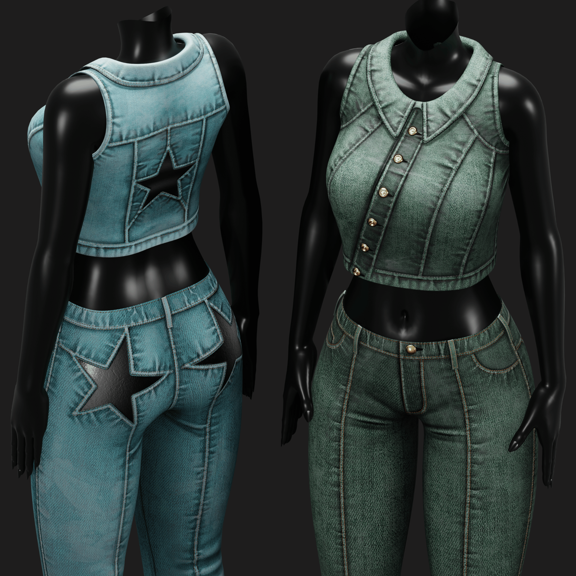 WOMEN'S COWGIRL SET VRChat - Denim Vest + Pants | WOLVES STUDIO