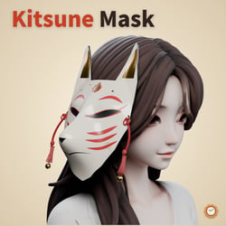 Fox Mask - Lacquered Kitsune Mask, Swaying Tassels, Glowing Eyes | VRChat