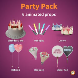 Party Pack - 6 Animated Props (Cake, Balloon, Bouquet, Penlight, Cheer Fan, Crown) | VRChat