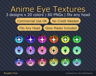 60 Anime Eye Textures - 3 Designs x 20 Colors | Fits Any Head