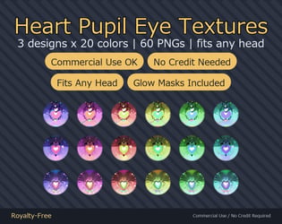 60 Heart Pupil Eye Textures - 3 Designs x 20 Colors | Fits Any Head