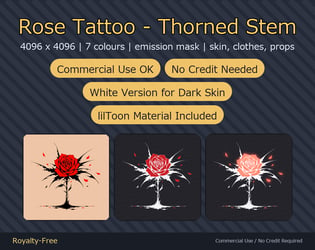Rose Tattoo Decal - Thorned Stem - 4K, 7 Colours + Emission Mask | Any Avatar, Skin, Clothes or Props