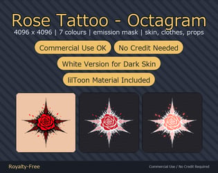 Rose Tattoo Decal - Octagram - 4K, 7 Colours + Emission Mask | Any Avatar, Skin, Clothes or Props