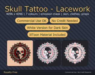 Skull Tattoo Decal - Lacework - 4K, 7 Colours + Emission Mask | Any Avatar, Skin, Clothes or Props