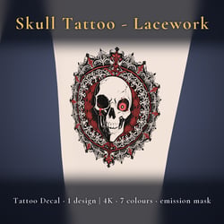 Skull Tattoo Decal - Lacework - 4K, 7 Colours + Emission Mask | Any Avatar, Skin, Clothes or Props