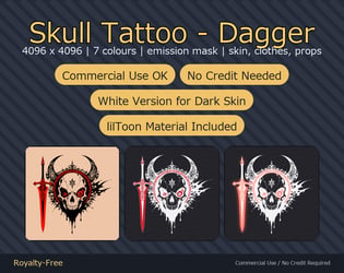 Skull Tattoo Decal - Dagger - 4K, 7 Colours + Emission Mask | Any Avatar, Skin, Clothes or Props