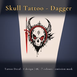 Skull Tattoo Decal - Dagger - 4K, 7 Colours + Emission Mask | Any Avatar, Skin, Clothes or Props