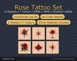 Rose Tattoo Decal Set - 6 Designs x 7 Colours, 4K + Emission Masks | Any Avatar