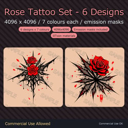 Rose Tattoo Decal Set - 6 Designs x 7 Colours, 4K + Emission Masks | Any Avatar