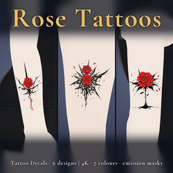 Rose Tattoo Decal Set - 6 Designs x 7 Colours, 4K + Emission Masks | Any Avatar