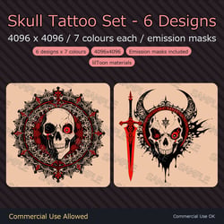 Skull Tattoo Decal Set - 6 Designs x 7 Colours, 4K + Emission Masks | Any Avatar