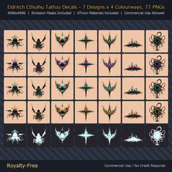 Eldritch Cthulhu Tattoo Decals - 7 Designs x 4 Colours, 4K + Emission Masks | Any Avatar, Skin, Clothes or Props