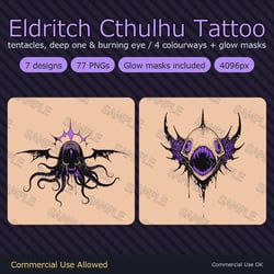 Eldritch Cthulhu Tattoo Decals - 7 Designs x 4 Colours, 4K + Emission Masks | Any Avatar, Skin, Clothes or Props