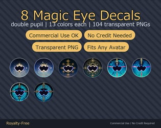 104 Magic Eye Decals - 8 Double-Pupil Designs x 13 Colors | Works on Any Avatar
