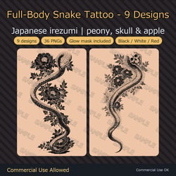 9 Full-Body Snake Tattoo Decals - Japanese Irezumi with Peony, Skull & Apple | Glow Mask & White Version, Any Avatar