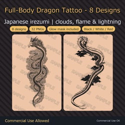 8 Full-Body Dragon Tattoo Decals - Japanese Irezumi with Clouds, Flame & Lightning | Glow Mask & White Version, Any Avatar