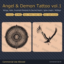 8 Angel & Demon Tattoo Decals vol.1 - Wings, Halo, Inverted Pentacle & Sacred Heart | Glow Mask & 4 Colours, Any Avatar