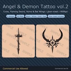 8 Angel & Demon Tattoo Decals vol.2 - Cross, Flaming Sword, Horns & Bat Wings | Glow Mask & 4 Colours, Any Avatar