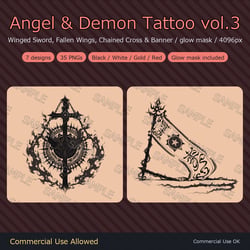 7 Angel & Demon Tattoo Decals vol.3 - Winged Sword, Fallen Wings, Chained Cross & Banner | Glow Mask & 4 Colours, Any Avatar