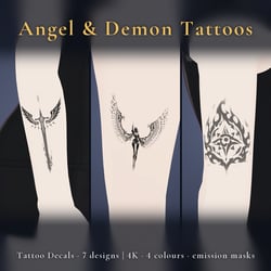 7 Angel & Demon Tattoo Decals vol.3 - Winged Sword, Fallen Wings, Chained Cross & Banner | Glow Mask & 4 Colours, Any Avatar
