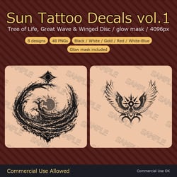 8 Sun Tattoo Decals vol.1 - Tree of Life, Great Wave & Winged Disc | Glow Mask & 5 Colours incl. White-Blue, Any Avatar