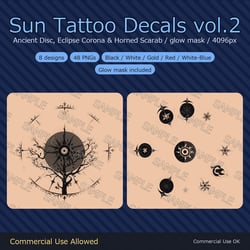 8 Sun Tattoo Decals vol.2 - Ancient Disc, Eclipse Corona & Horned Scarab | Glow Mask & 5 Colours incl. White-Blue, Any Avatar