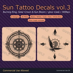 8 Sun Tattoo Decals vol.3 - Burning Ring, Solar Crown & Sun Bloom | Glow Mask & 5 Colours incl. White-Blue, Any Avatar