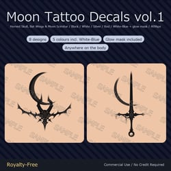 8 Moon Tattoo Decals vol.1 - Horned Skull, Bat Wings & Moon Scimitar | Glow Mask & 5 Colours incl. White-Blue, Any Avatar