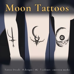 8 Moon Tattoo Decals vol.1 - Horned Skull, Bat Wings & Moon Scimitar | Glow Mask & 5 Colours incl. White-Blue, Any Avatar