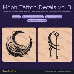 8 Moon Tattoo Decals vol.3 - Great Wave, Face of the Moon & Moon Keys | Glow Mask & 5 Colours incl. White-Blue, Any Avatar