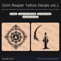 8 Grim Reaper Tattoo Decals vol.1 - Raven Wings, Enthroned Reaper & Requiem Disc | Glow Mask & 5 Colours incl. White-Blue, Any Avatar