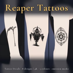 8 Grim Reaper Tattoo Decals vol.1 - Raven Wings, Enthroned Reaper & Requiem Disc | Glow Mask & 5 Colours incl. White-Blue, Any Avatar