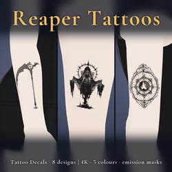 8 Grim Reaper Tattoo Decals vol.1 - Raven Wings, Enthroned Reaper & Requiem Disc | Glow Mask & 5 Colours incl. White-Blue, Any Avatar