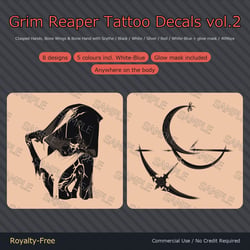 8 Grim Reaper Tattoo Decals vol.2 - Clasped Hands, Bone Wings & Bone Hand with Scythe | Glow Mask & 5 Colours incl. White-Blue, Any Avatar