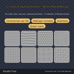 12 Normal Maps of Fur, Scales & Japanese Ornament + 8 MatCaps - Hex Scales, Chitin, Wing Veins, Asanoha & Karakusa | Seamless, PC + Quest