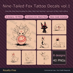 8 Nine-Tailed Fox Tattoo Decals vol.1 - Temari Ball, Ofuda Charms & Leaping Fox | Glow Mask & 4 Colours incl. Black-Red, Any Avatar