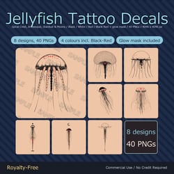 8 Jellyfish Tattoo Decals - Spiral Crest, Arabesque, Stardust & Moons | Glow Mask & 4 Colours incl. Black-Red, Any Avatar