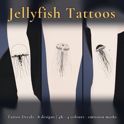 8 Jellyfish Tattoo Decals - Spiral Crest, Arabesque, Stardust & Moons | Glow Mask & 4 Colours incl. Black-Red, Any Avatar